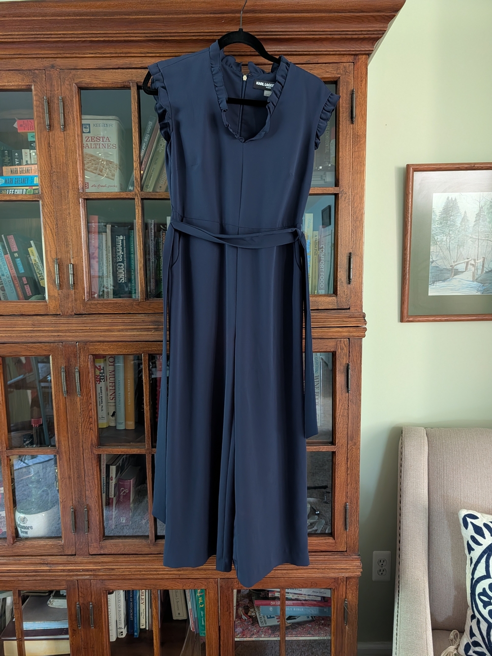 Karl Lagerfeld Navy Ruffle-Shoulder Pantsuit with Tie Waist